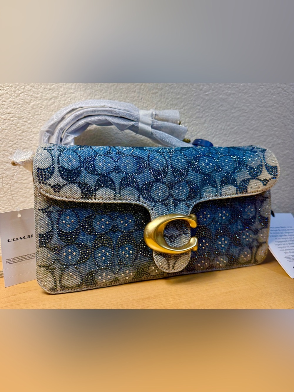 Coach Blue  crystal Denim Signature Clutch with Gold C hardware nwt  tabby 26